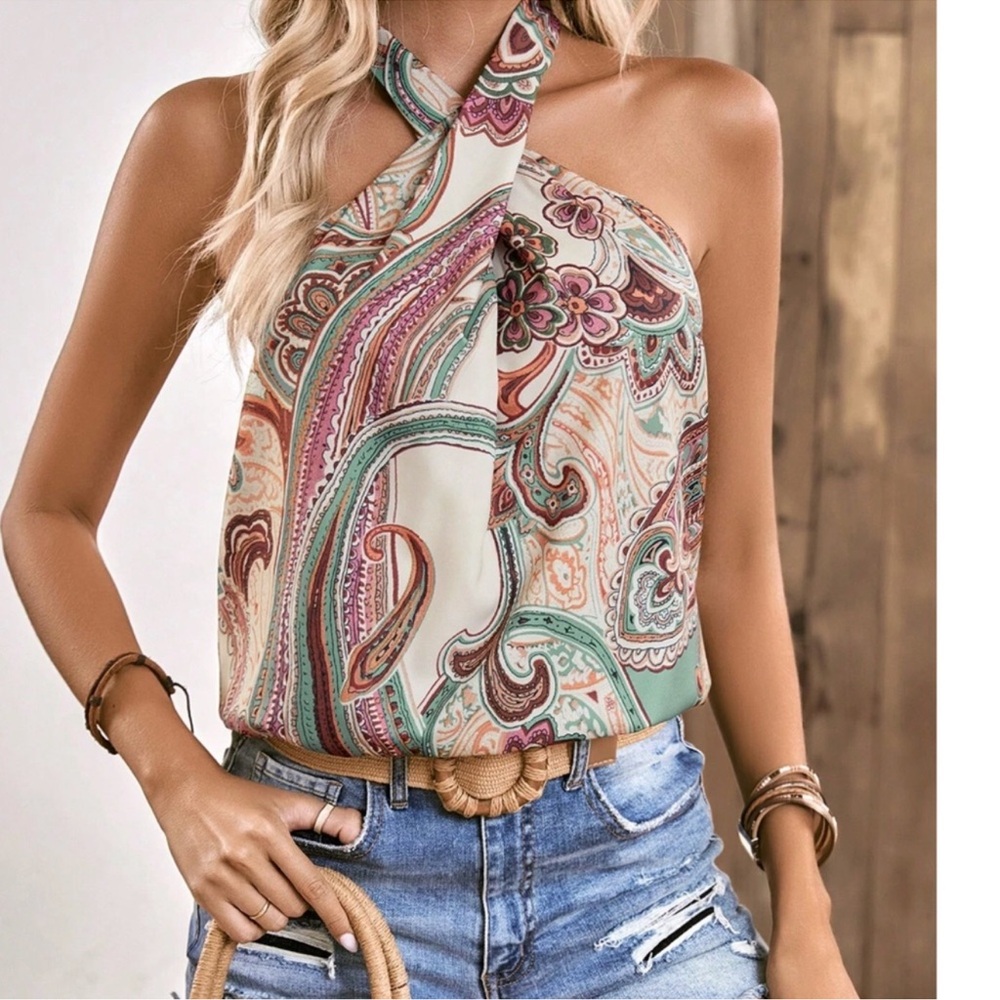 Boho Paisley Print Satin Halter Tank Top S M L XL